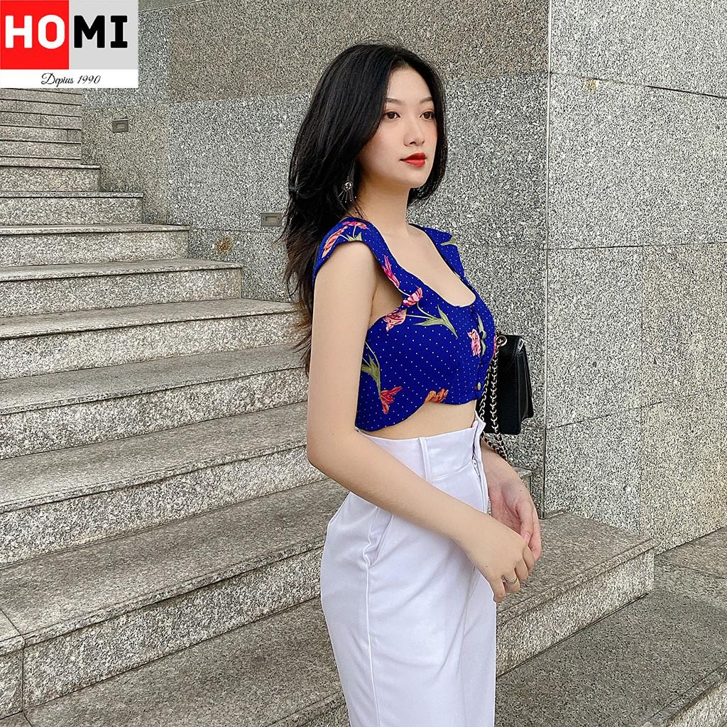 ÁO CROPTOP CÓ VAI HỌA TIẾT HOA,CỔ VUÔNG CỰC TÂY, MÀU XANH, HOMI FASHION