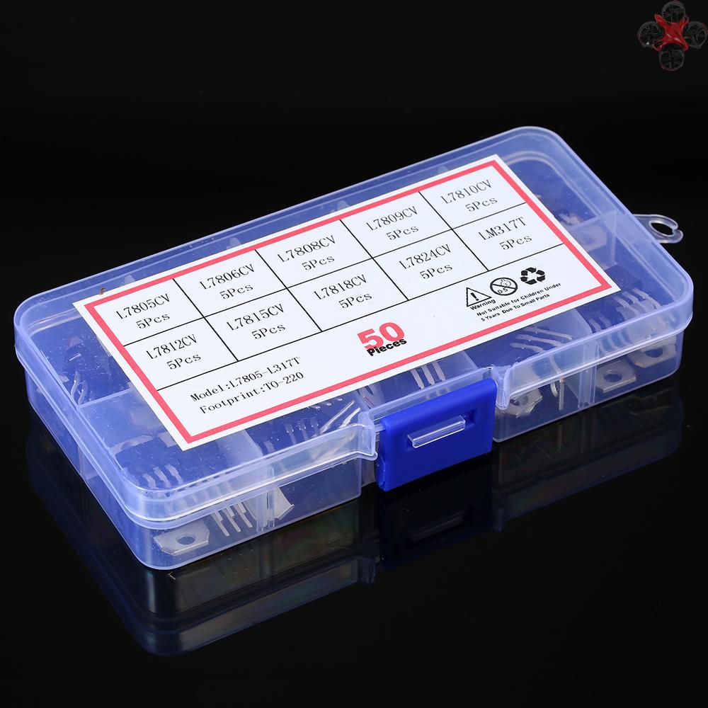 50pcs/set 10 Types L78 Series Mosfet Transistors Assortment Kit Diode Transistor Assortment Assorted Kit with Clear Plastic Box 10 Values L7805CV-LM317T
