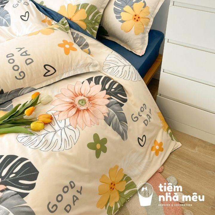 Bộ Chăn Ga Gối Cotton 80% m6/m8/2m - Full size Tiệm Nhà MêuSet 4 Món 2 Vỏ gối ,drap , vỏ chăn lá dứa vàng siêu bền