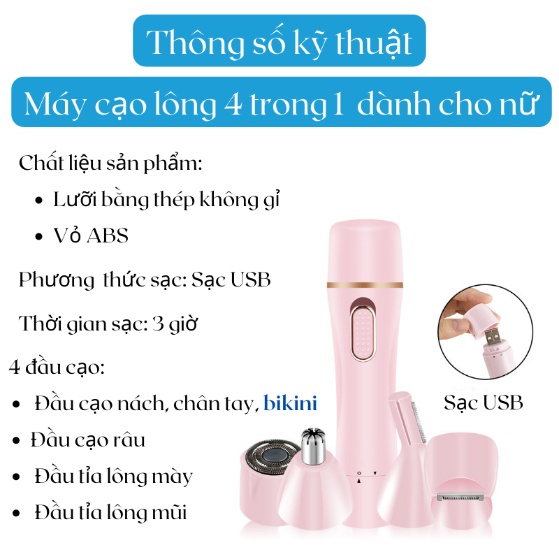 Máy Cạo Lông Toàn Thân Chính Hãng Bugu BZ-35666 Đa Năng 4 In 1 Sạc USB Nhỏ Gọn Tiện Lợi An Toàn