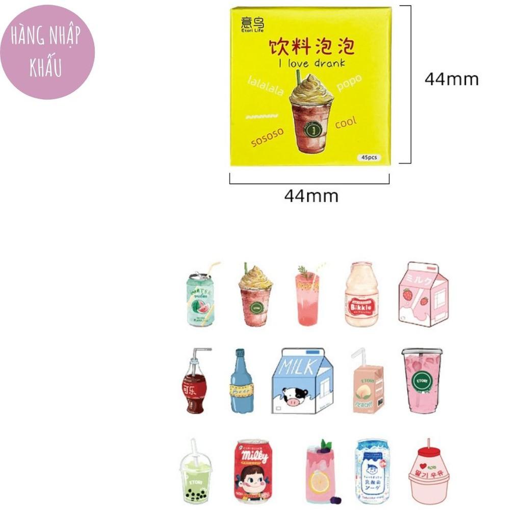 Hộp 45 sticker nhãn dán đáng yêu trang trí điện thoại vật dụng học tập gia đình Drink Bubble Box Sticker ST129