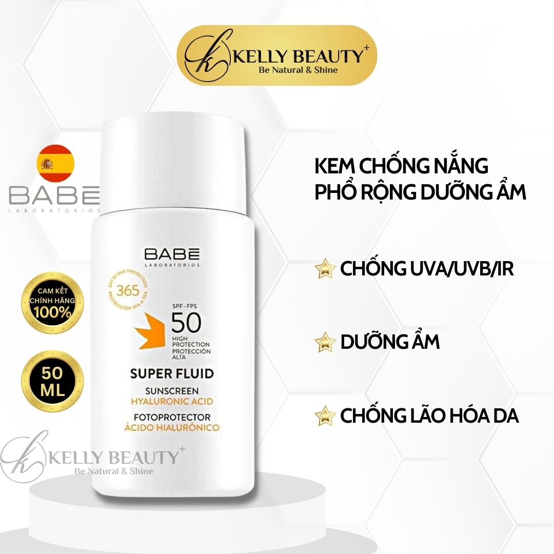 Kem Chống Nắng Dưỡng Ẩm BABE Super Fluid Sunscreen SPF 50 - Chống Tác Hại Tia UVA,UVB; Chống Trôi | Kelly Beauty