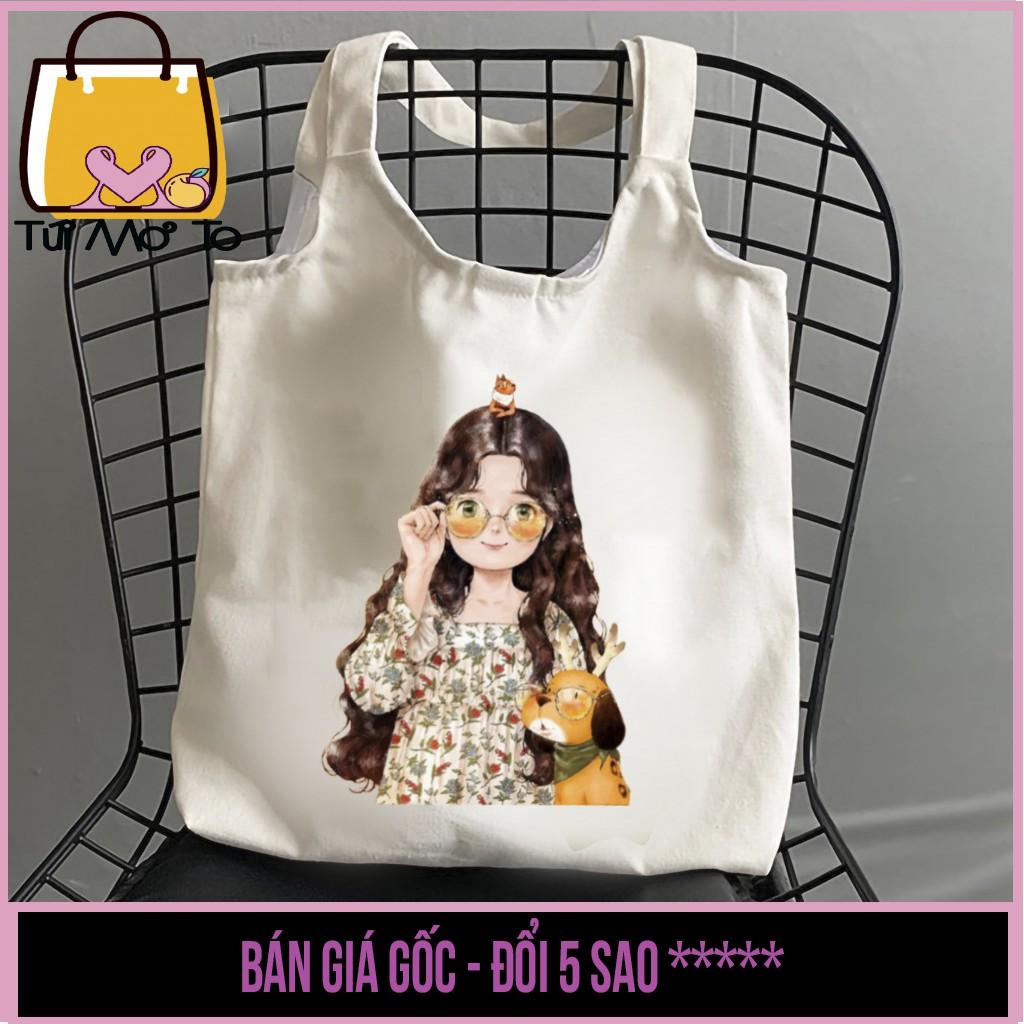 Túi tote vải canvas trắng có khóa kéo in hình CÔ GÁI ĐEO KÍNH - Túi Mơ To store