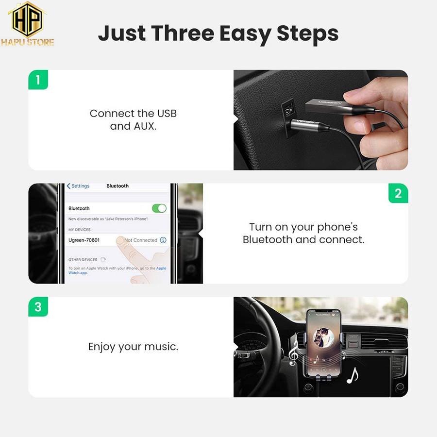 Bộ thu Bluetooth 5.0 Ugreen 70601 tích hợp mic đàm thoại chính hãng - Hàng Chính Hãng