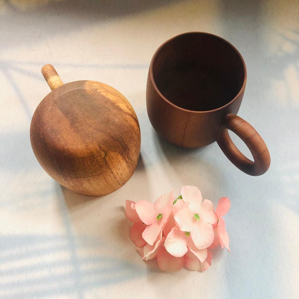 Cốc Gỗ Keo Nâu Đen 7x7 cm, Có Quai Tay Cầm, Cốc Uống Trà, Cà Phê, Phong Cách Vintage, Chụp Ảnh Trang Trí Xinh Xắn