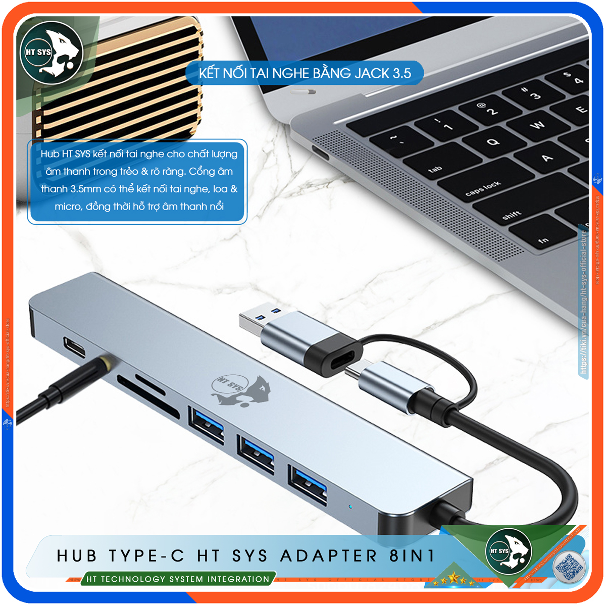 Hub USB 3.0 Và Hub Type C HT SYS Adapter 8in1 - Cổng Chia USB Mở Rộng Kết Nối Tốc Độ Cao Dành Cho Macbook, Laptop, PC - Hub Chuyển Đổi USB Type-C Hỗ Trợ Sạc Pin, Kết Nối Đa Năng ổ Cứng, Bàn Phím, Chuột, Máy In, Ổ Chia USB - Hàng Chính Hãng