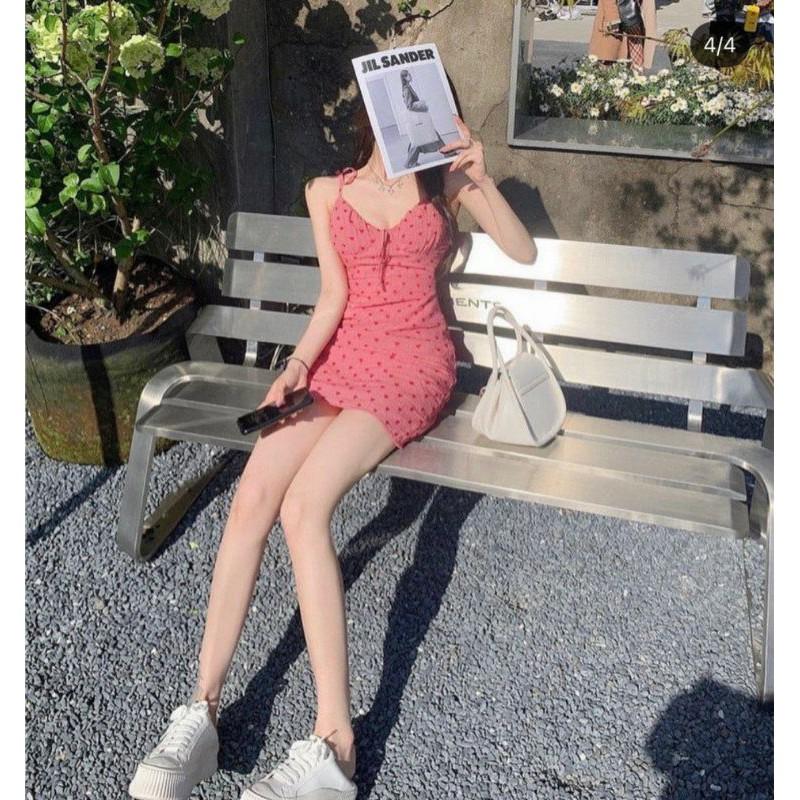 Đầm hoạ tiết tim hai dây cột nơ vai