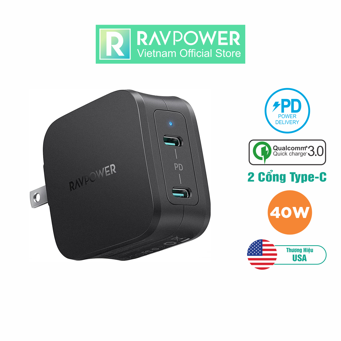 Adapter Củ Sạc 40W 2 Cổng Type C PD 3.0 &amp; QC 3.0 Nhỏ Gọn RAVPower RP-PC152 - Hàng Chính Hãng