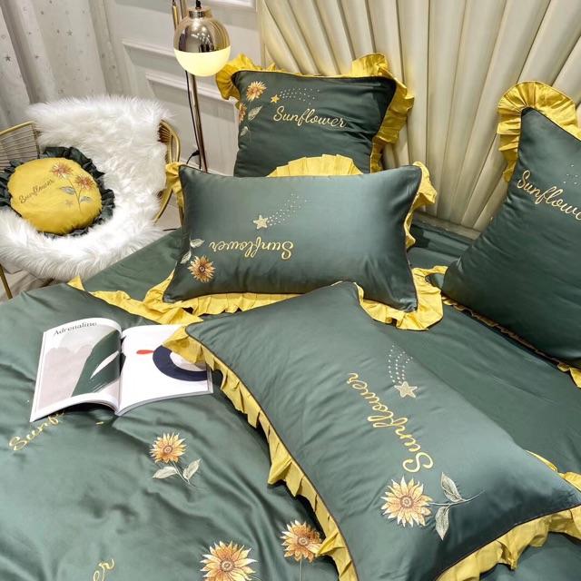 Bộ chăn ga gối Lụa thêu 60s cao cấp 6 món tặng kèm 1 gối trang trí