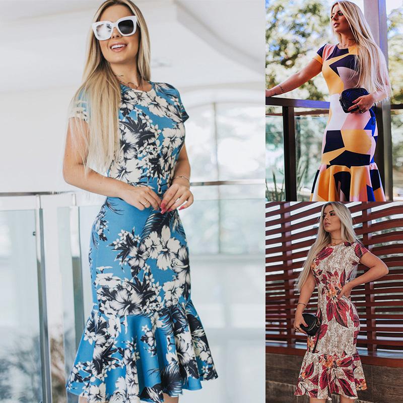 Women Ruffles Dress Floral Contrast Color Block Print Short Sleeves Mermaid Vintage Casual Midi Dress