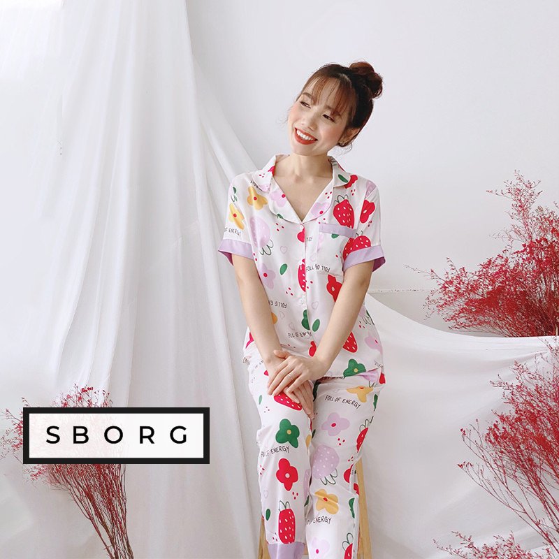 Đồ bộ mặc nhà SBORG bộ pijama nữ lụa satin cao cấp họa tiết cute tay ngắn quần dài có túi bigsize 45-75kg quà tặng vợ, thoải mái mặc ở nhà hoặc đi ra ngoài