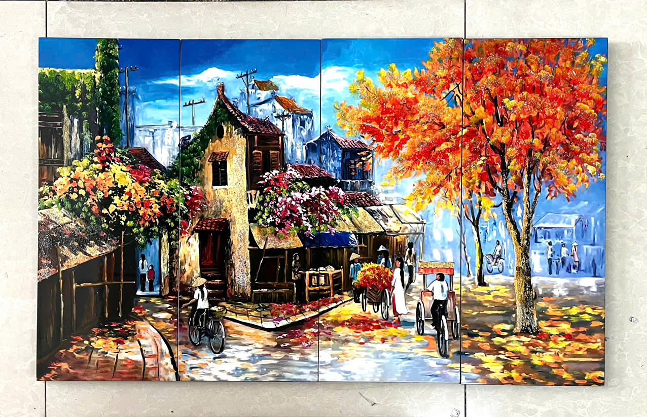 Bộ Tranh sơn mài 4 tấm - ĐỒNG QUÊ / PHỐ CỔ VIỆT NAM - Size 50x80 cm / 60x120 cm