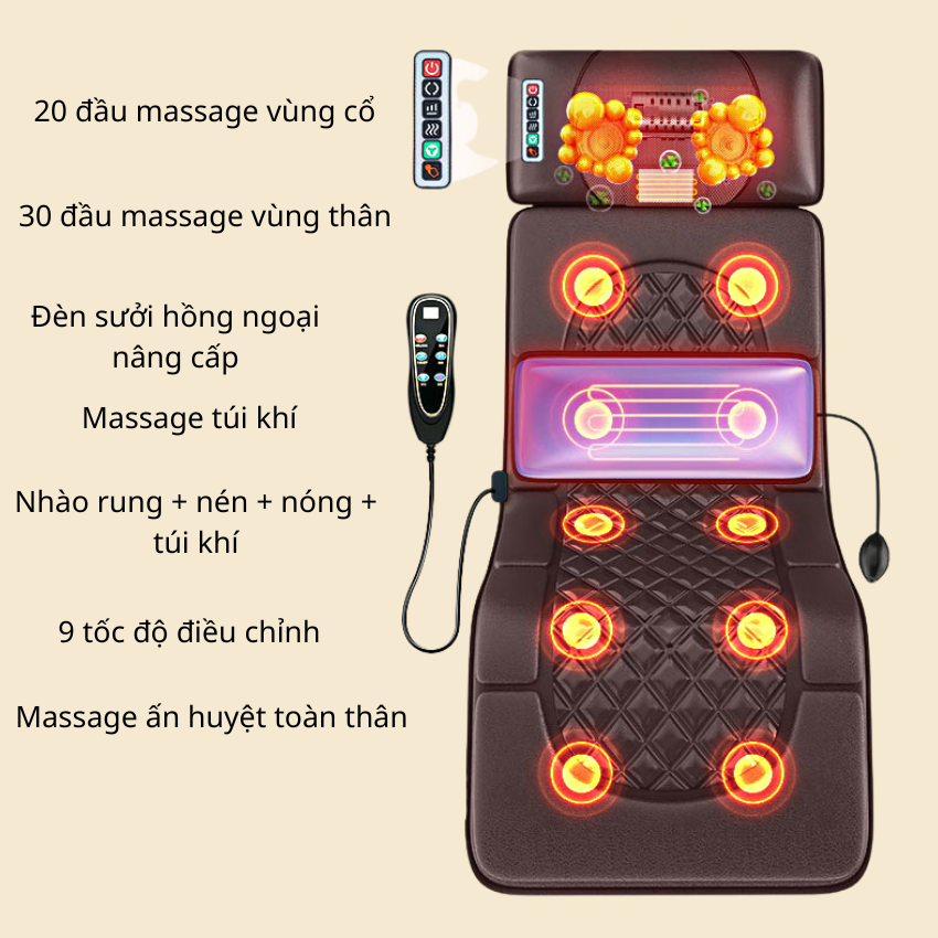 Nệm Massage Toàn Thân Royal 22 Điểm, Đệm Massage Hồng Ngoại Có Massage Chân Rời, Ghế Massage