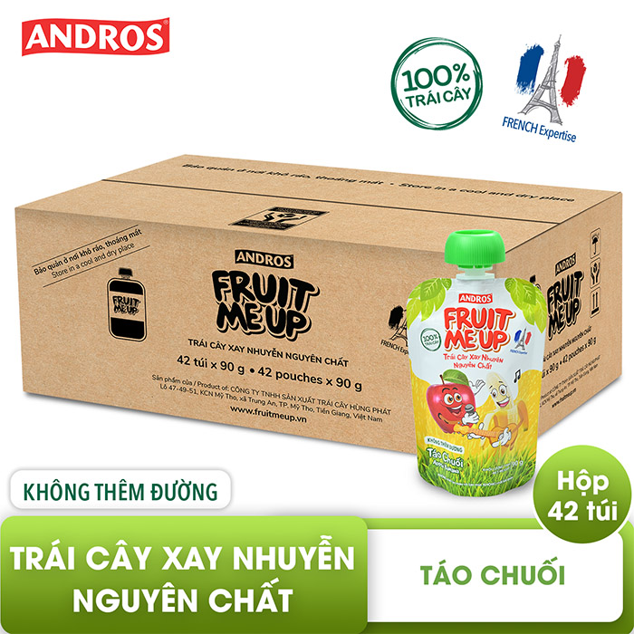 Trái Cây Xay Nhuyễn Nguyên Chất Andros Fruit Me Up - Táo chuối - Thùng 42 túi - 90g x 42