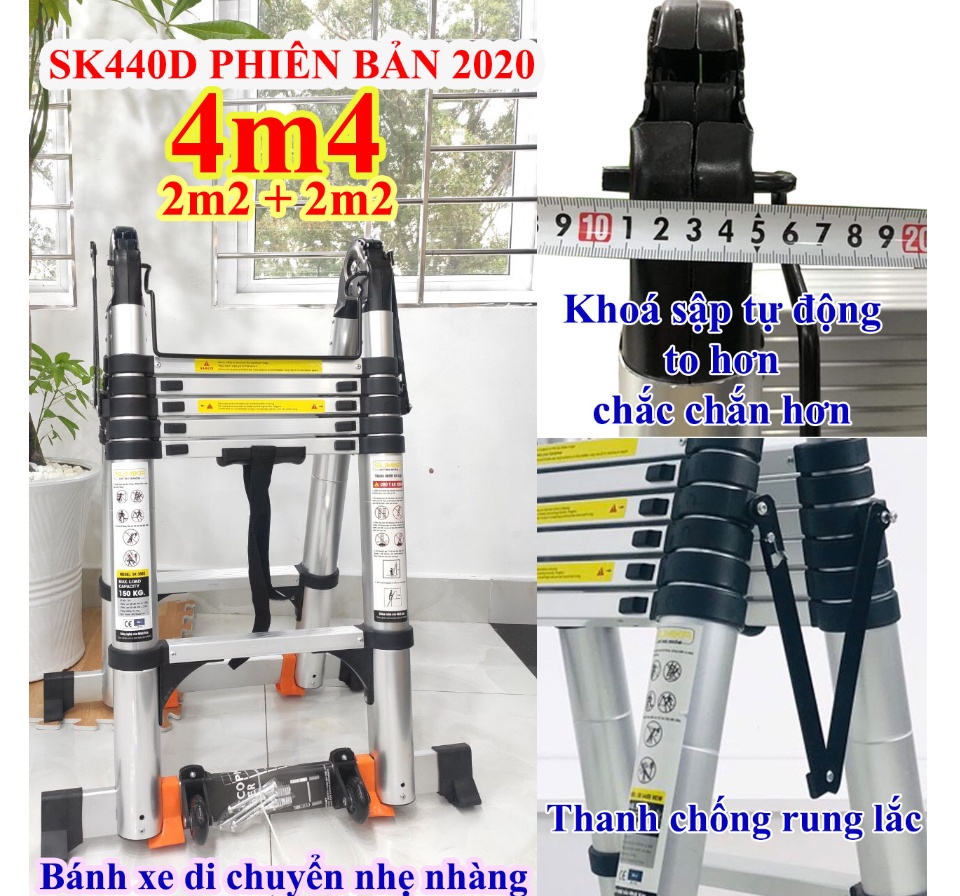 Thang nhôm rút chữ A Sumika SK 440D (2.2M+2.2M) - duỗi thẳng cao 4.4m, 8 đế cao su chống trượt, có bánh xe kéo, khóa chốt cao cấp, bậc thang thiết kế chống trượt, thanh giằng giữa 2 bên thang - Luôn Có Phụ Kiện Thay Thế