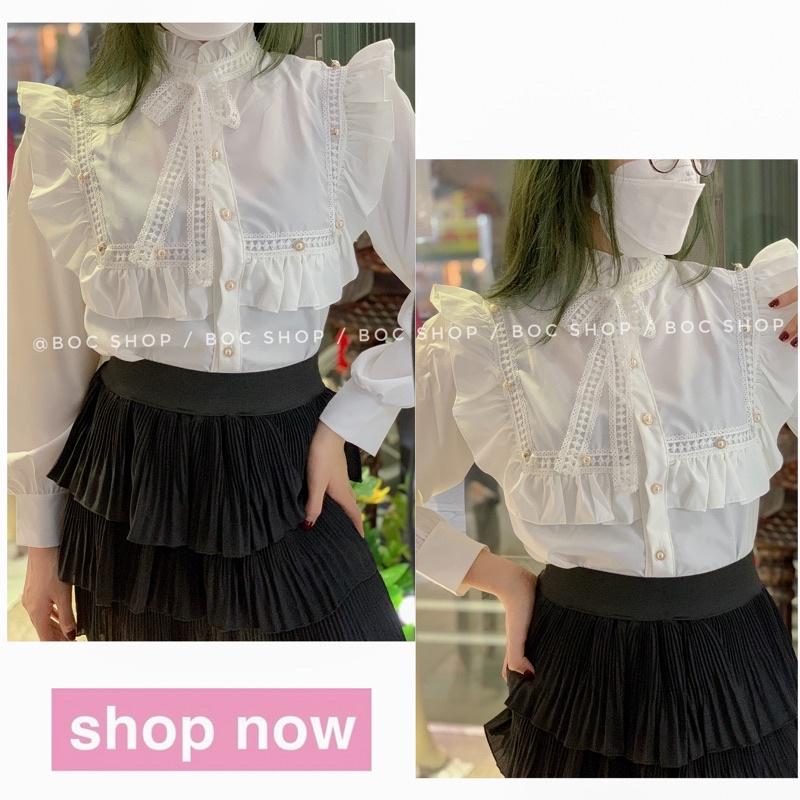 Áo sơ mi nữ kiểu ulzzang tiểu thư cổ nơ tay dài, màu trắng sang chảnh chất vải đẹp