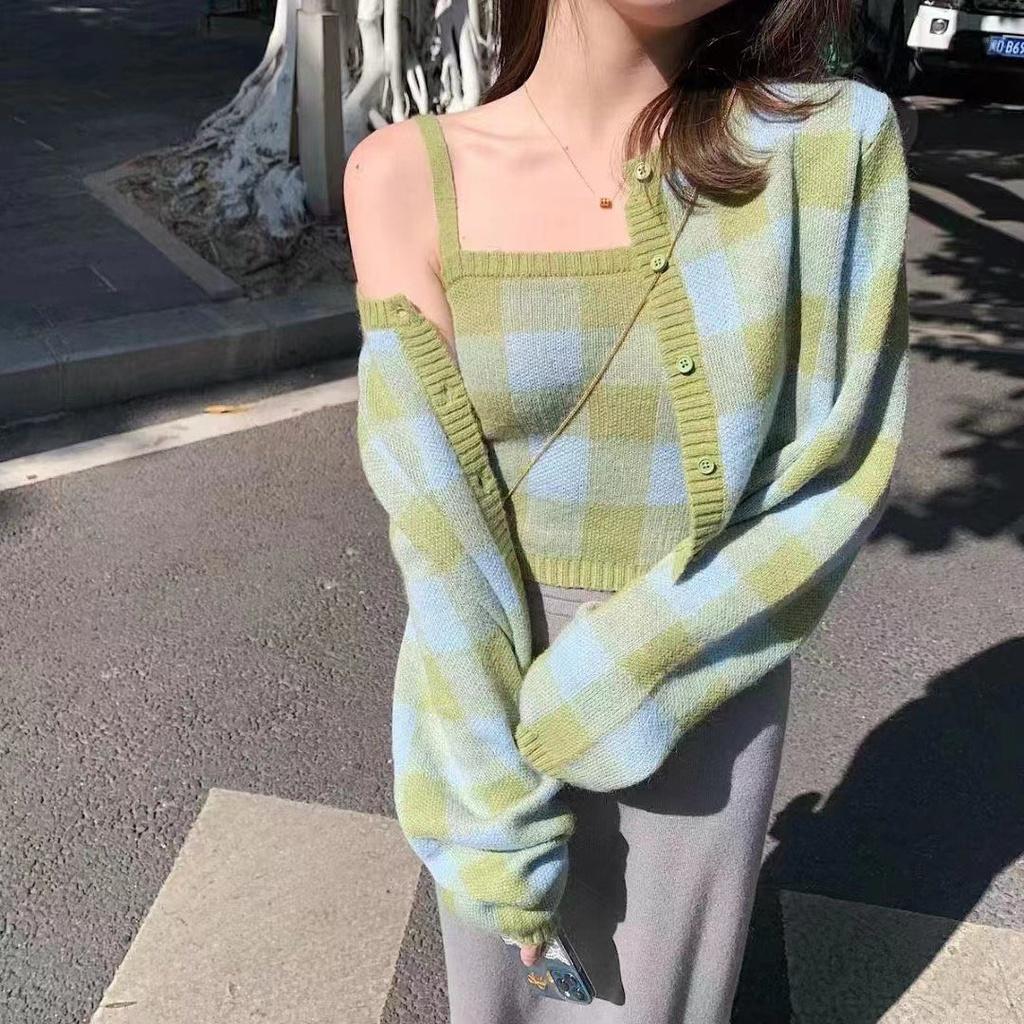 SET ÁO CARDIGAN LEN KẺ CARO MIX ÁO 2 DÂY SIÊU XINH