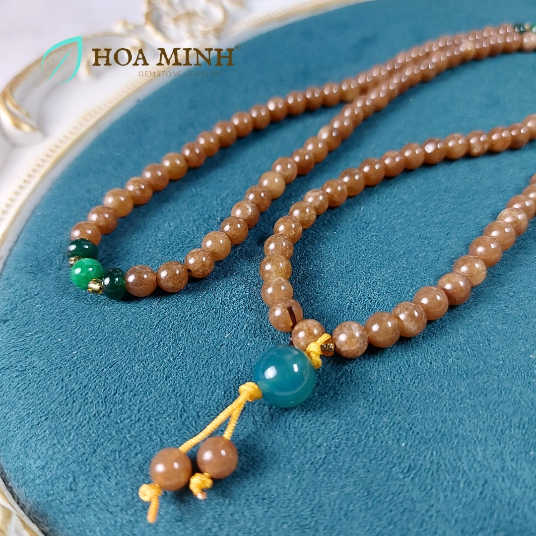 Vòng tay chuỗi 108 hạt đá Mã Não màu nâu ngọc hoà điền size 6.5 li phối bánh xe mã não, cẩm thạch sơn thủy, tài lộc bình an