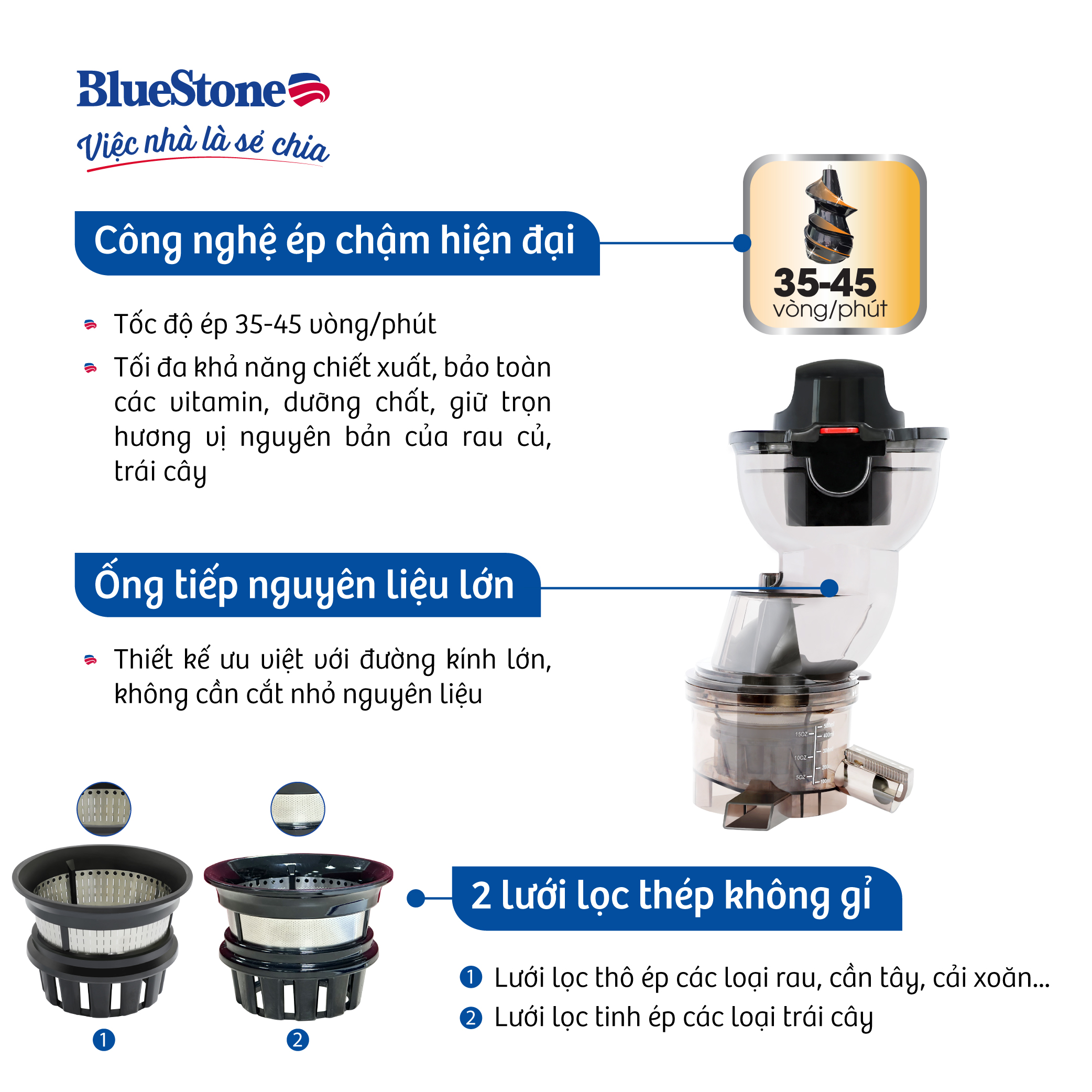 [Trả Góp 0%] Máy Ép Chậm BlueStone SJB-6568 - 250W - Tốc độ ép 45 - 55 vòng/phút - Bảo hành 2 năm - Hàng chính hãng