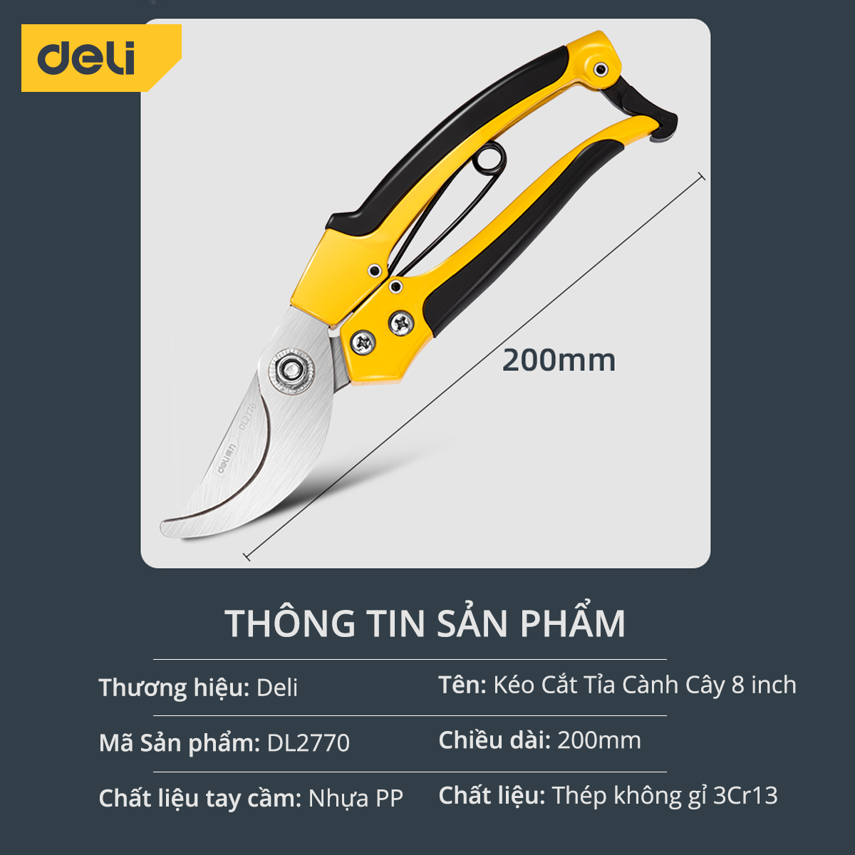 Kéo Cắt Cành Lưỡi Thép Deli Kích Thước 8 Inch, Tay Cẩm Chống Trơn Trượt, Dễ Dàng Sử Dụng DL2770