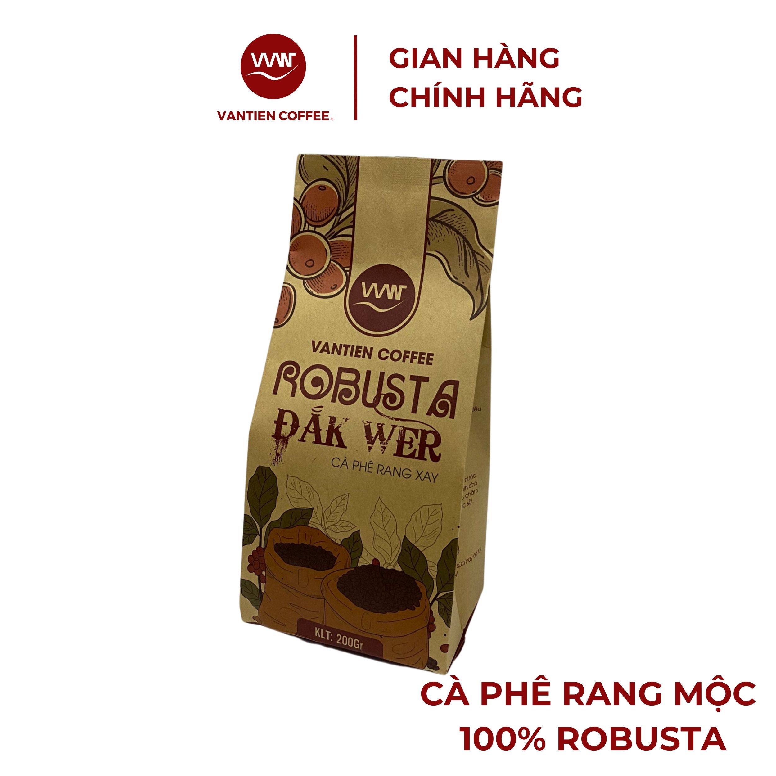 Cà phê rang xay Vantien Coffee Robusta Đắk Wer vị đắng mạnh, nhiều hàm lượng cafein 200g