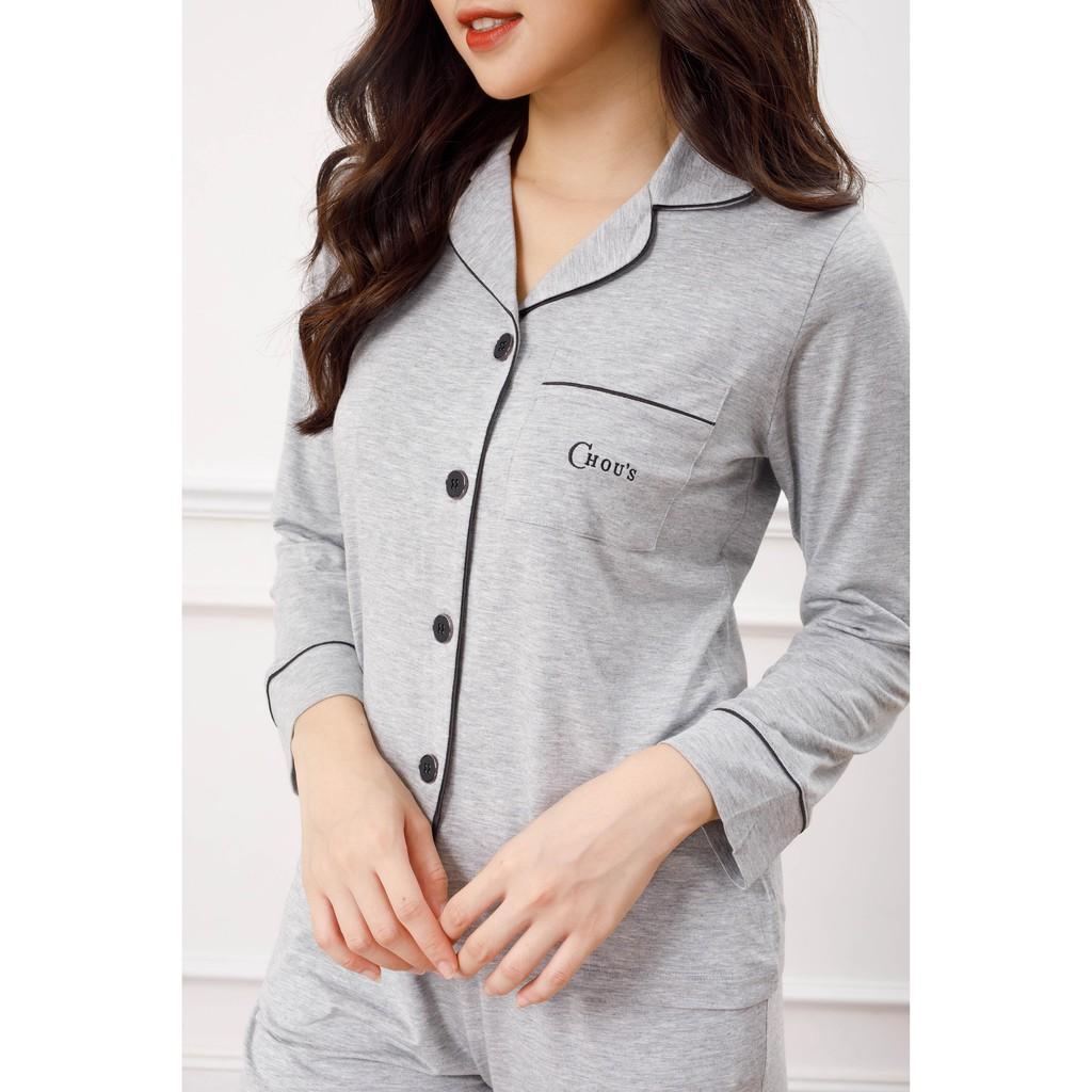 Bộ pyjamas nữ dài tay vải bamboo tự nhiên cao cấp Chou's - màu ghi