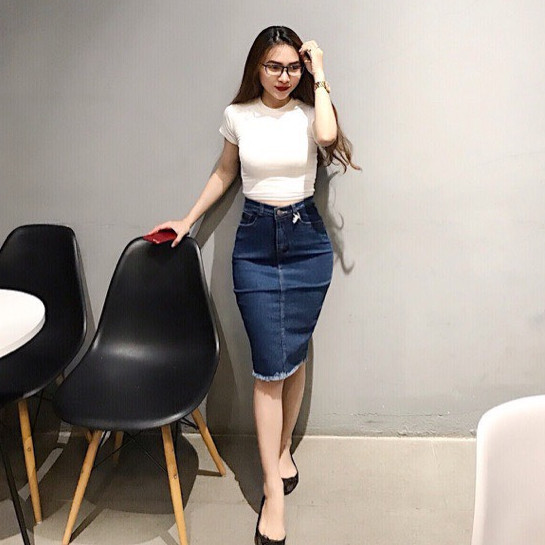 CHÂN VÁY JEAN DÀI BIG SIZE LƯNG CAO CO DÃN MẠNH DÀI DƯỚI GỐI MÀU XANH ĐEN - ngang gối - size 29