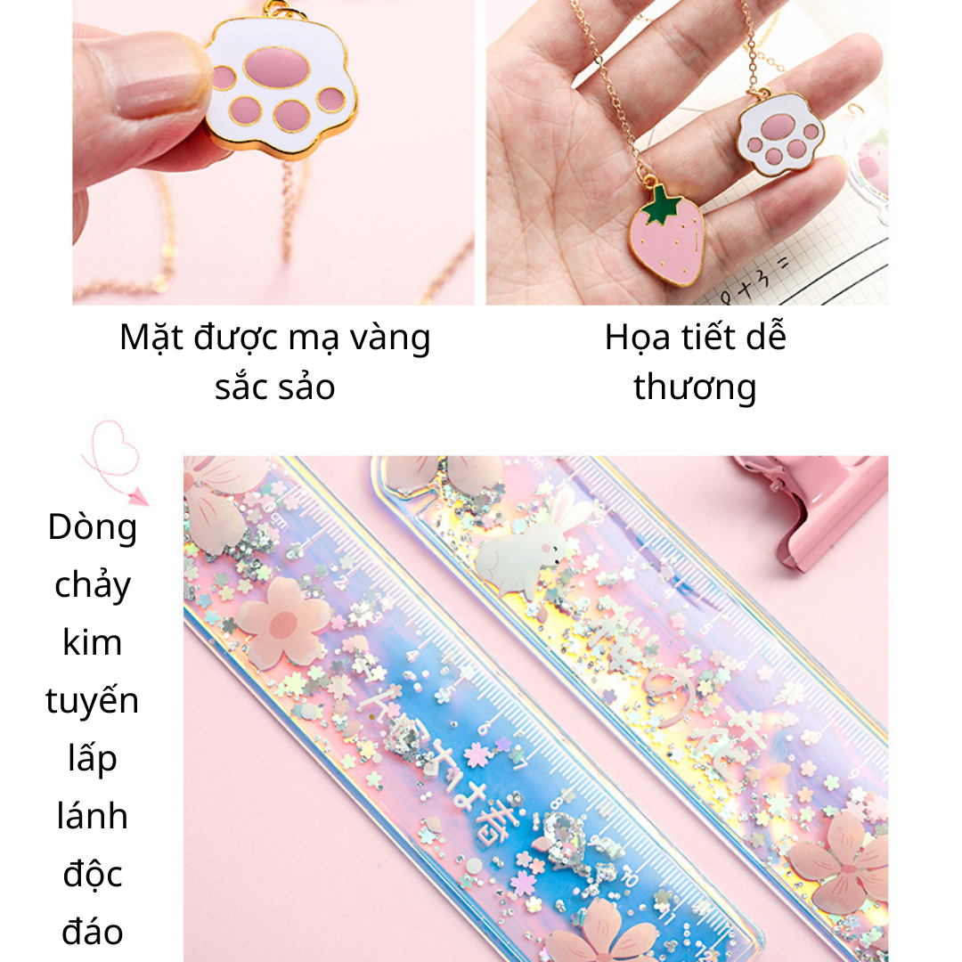 Thước Kẻ Hàn Quốc Hoạ Tiết Hạt Kim Tuyến Lấp Lánh Chuyển Động Kèm Dây Phụ Kiện Đáng Yêu