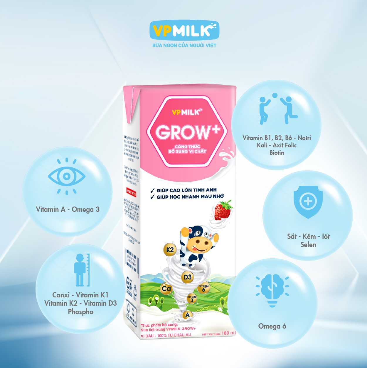 Sữa Tiệt Trùng Có Đường VPMilk Grow+ Vị Dâu Hộp 180ml
