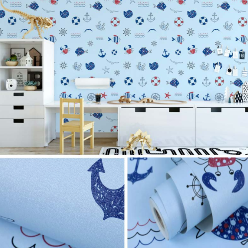 Combo 10 mét giấy dán tường, decal dán tường trang trí nhà cửa CUA VÀ CÁ XANH DƯƠNG khổ 45cm