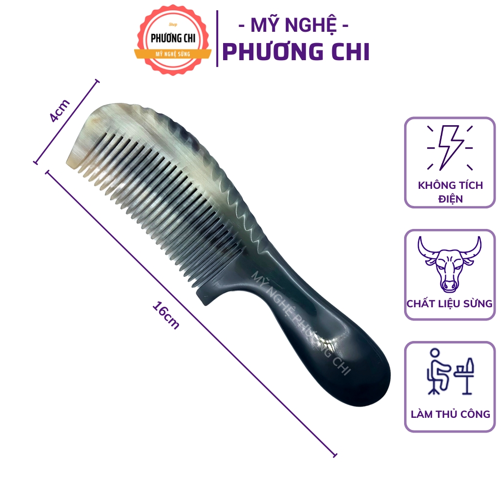 Lược sừng trâu khía chuôi loại đẹp dài 16cm , lược chải tóc gỡ rối | Mỹ Nghệ Phương Chi