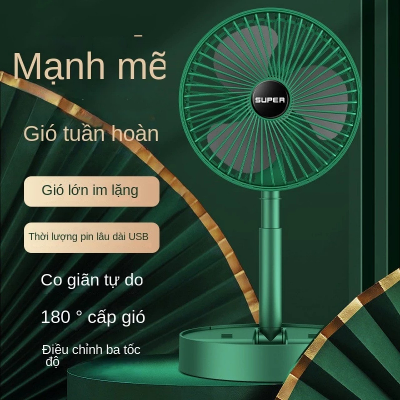 Quạjt Tích Điện Để Bàn Mijni Gấp Gọn: 3 Tốc Độ, Xoay 360 Độ, Pin Dung Lượng Lớn, ĐÈN TRANG TRÍ