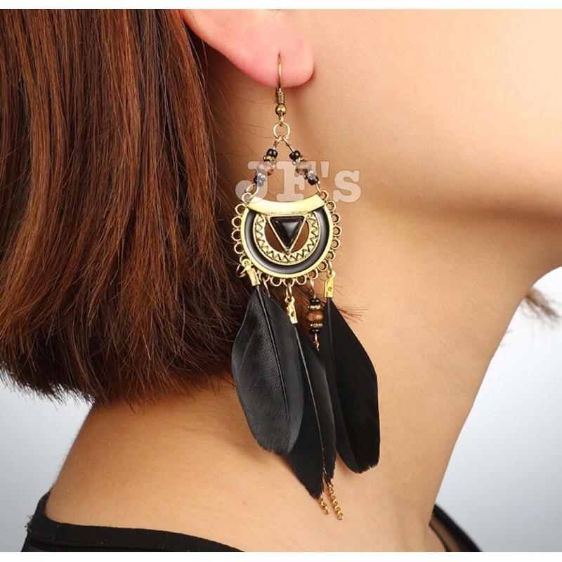 19H05 Hoa tai thả lông vũ, hoa tai cho nữ phong cách thời trang bohemian JF's