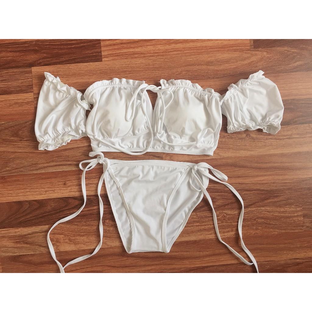 Bikini, Đồ Bơi Đi Biển Hai Mảnh Tay Phồng Trắng Hiền Hồ Quần Tam Giác ODERI HM-070