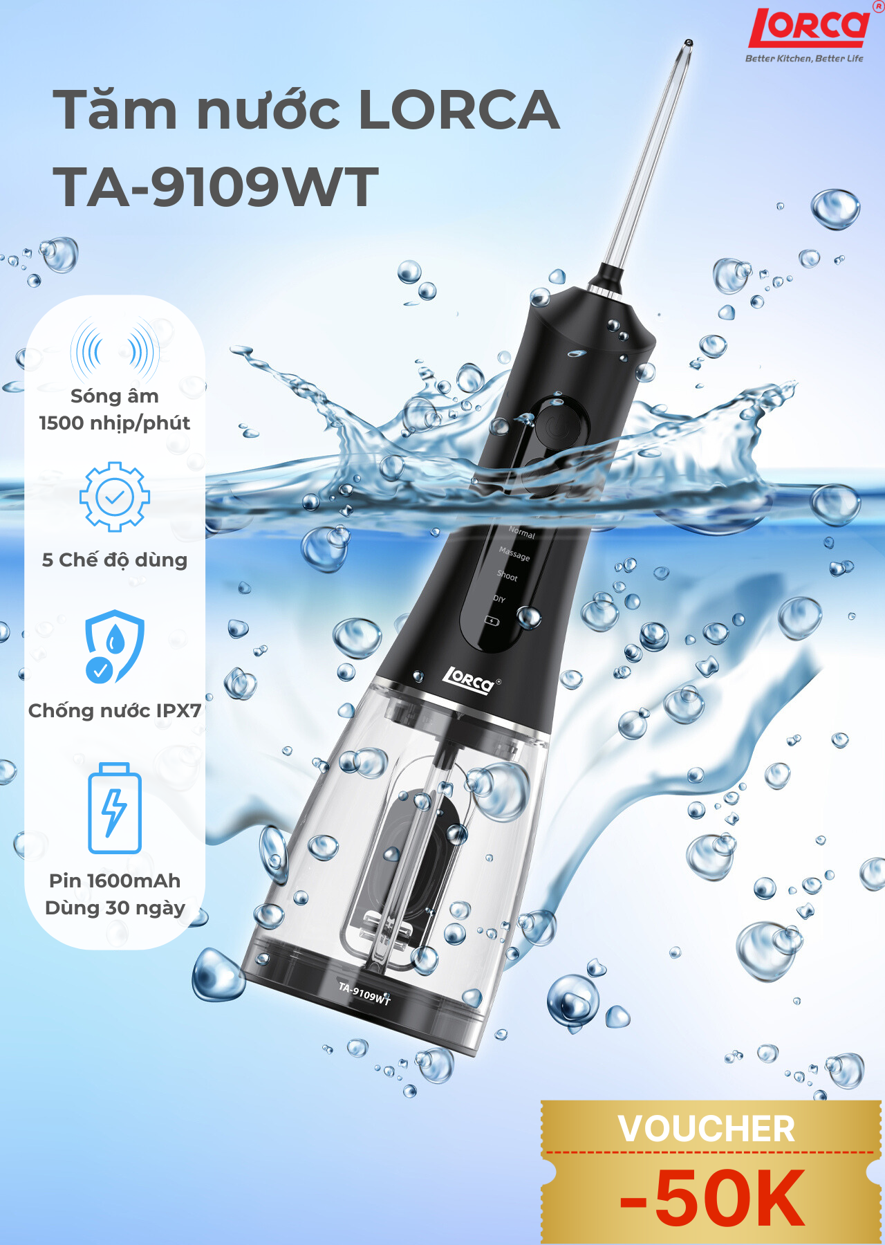 Máy Tăm Nước Cầm Tay Chính Hãng Lorca TA 9109WT Vệ Sinh Răng Miệng, Bộ 5 Đầu Tăm, 5 Chế Độ Sử Dụng