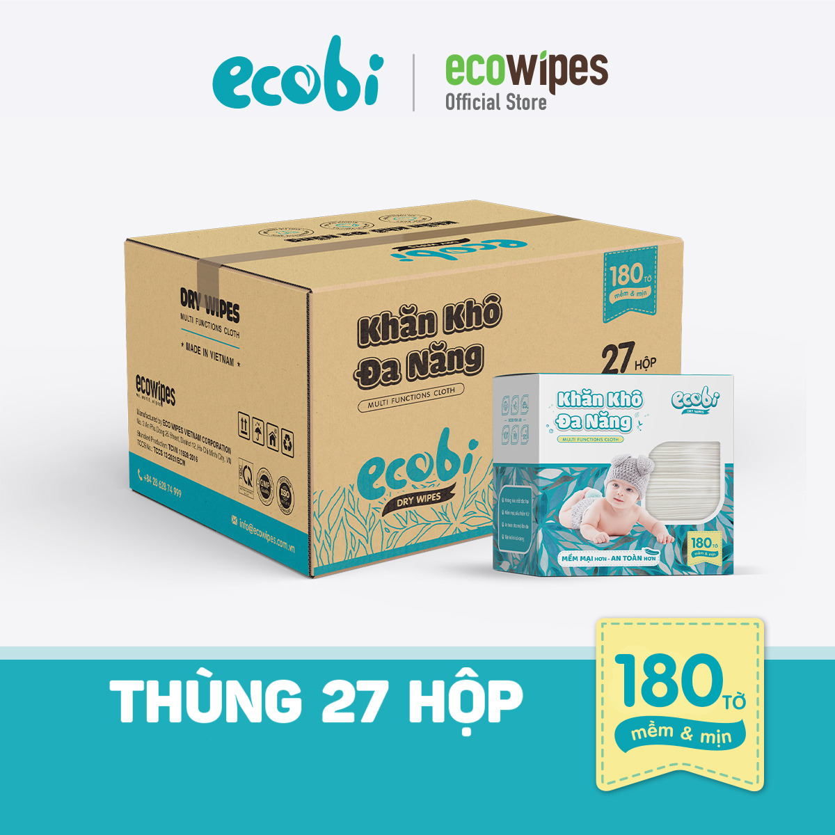 Thùng 27 Khăn khô hộp Ecobi  180 tờ dùng thay khăn sữa an toàn cho trẻ sơ sinh