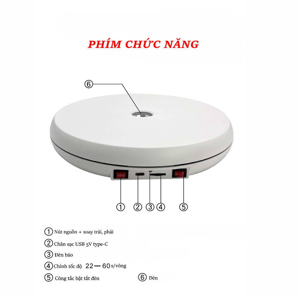 Đế Xoay Sản Phẩm 360 Độ Có Đèn Tải 20kg, Kích Thước 25cm x 4cm, Chỉnh Đa Tốc Độ 2 Màu Trắng, Đen