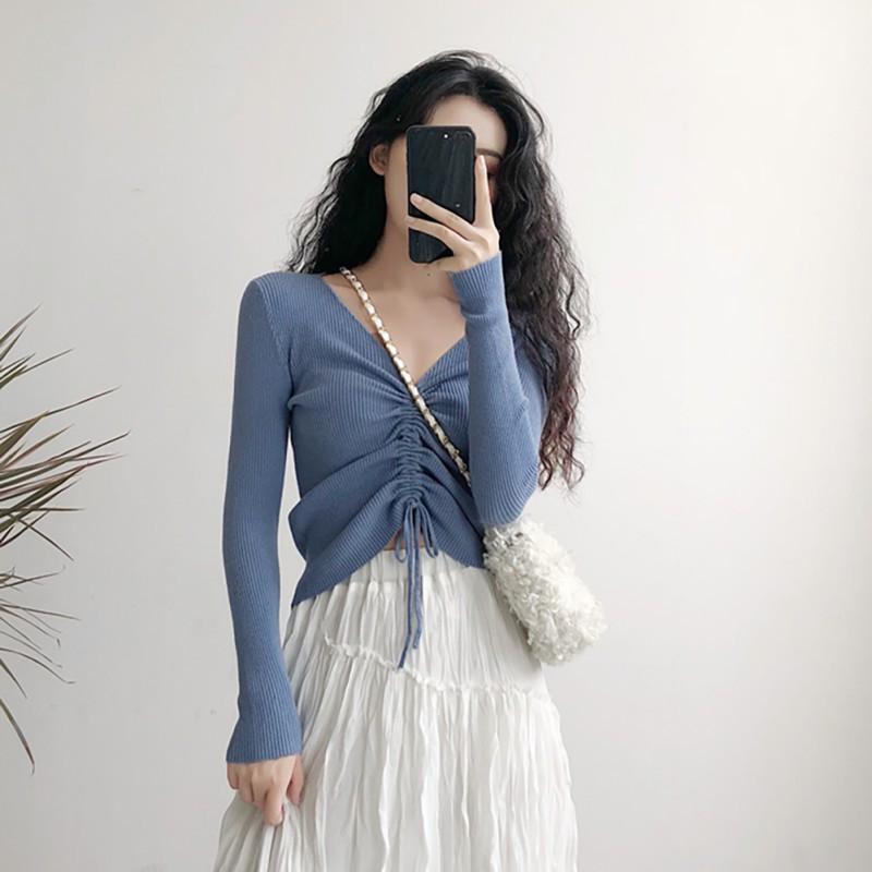 Áo Len Tay Dài Cổ Chữ V Dây Rút