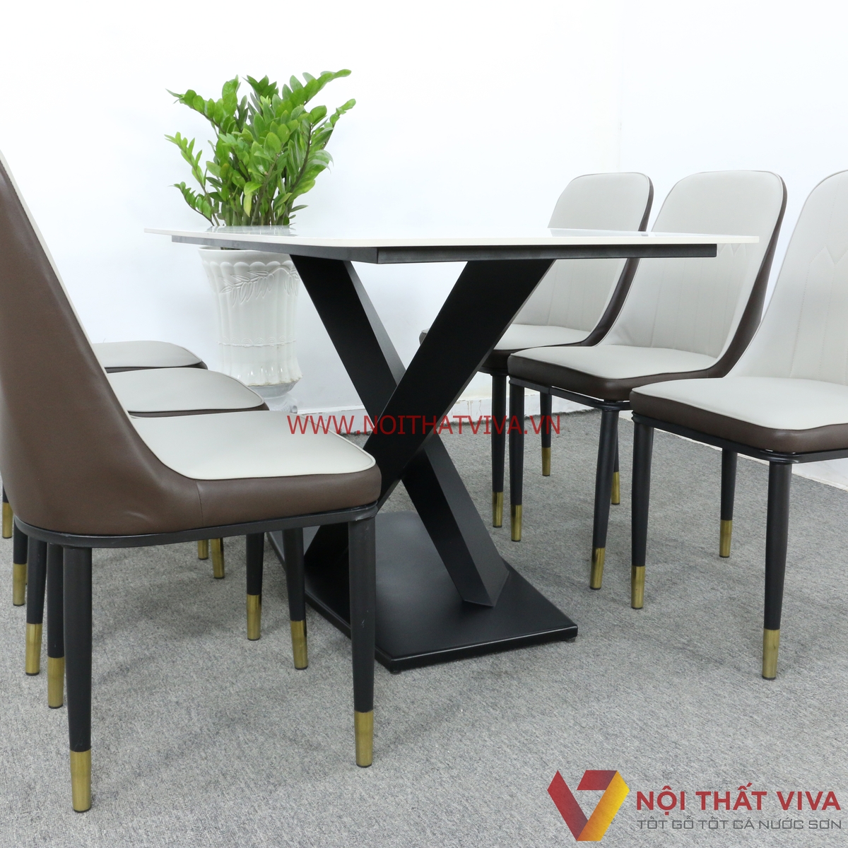 Bộ Bàn Ăn 6 Ghế Bọc Nệm Chân Chữ X Sơn Tĩnh Điện Mặt Đá Trắng Hiện Đại