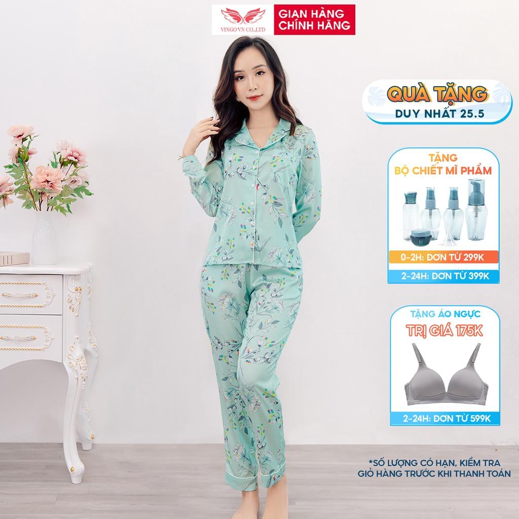 Đồ Bộ Nữ Pijama Mặc Nhà VINGO Lụa Pháp Cao Cấp Tay Dài Quần Dài Cổ Vest Có Eo Họa Tiết Hoa Lá Thu Đông H547 VNGO - TDQD