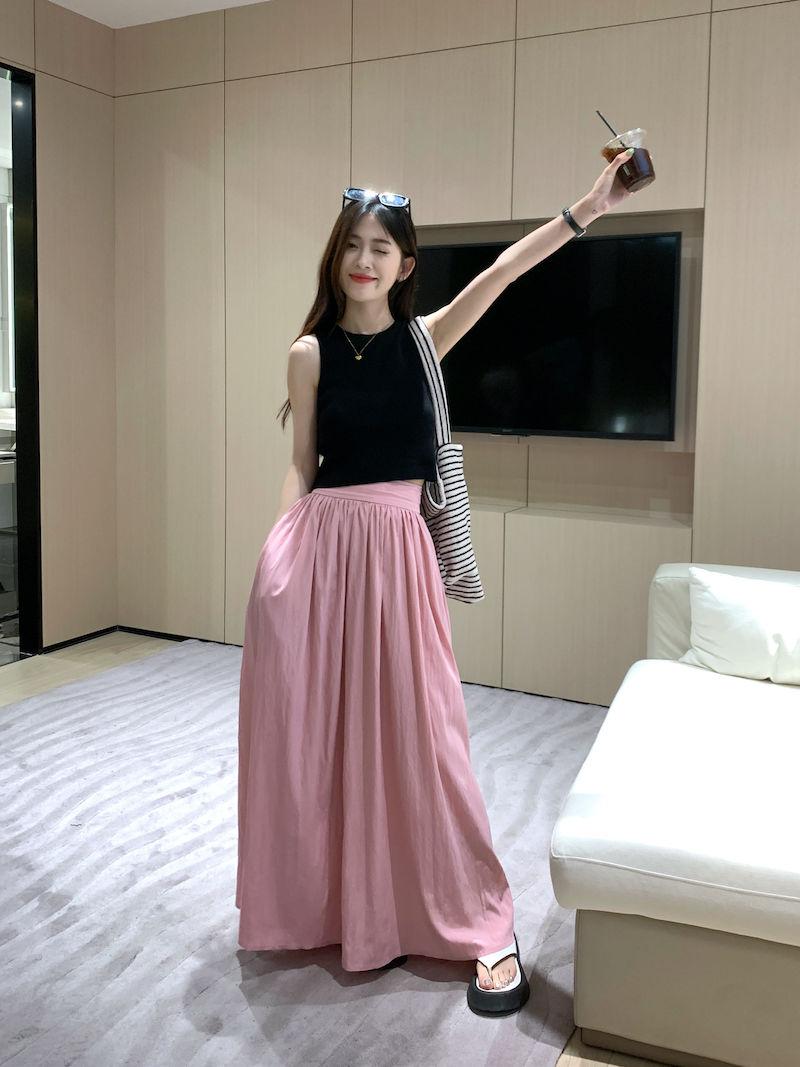 SHUANGYAN Váy cao eo nửa người kiểu Pháp, váy lê mùa hè, dáng người lớn, dịu dàng, gầy gò, váy chữ A dài.