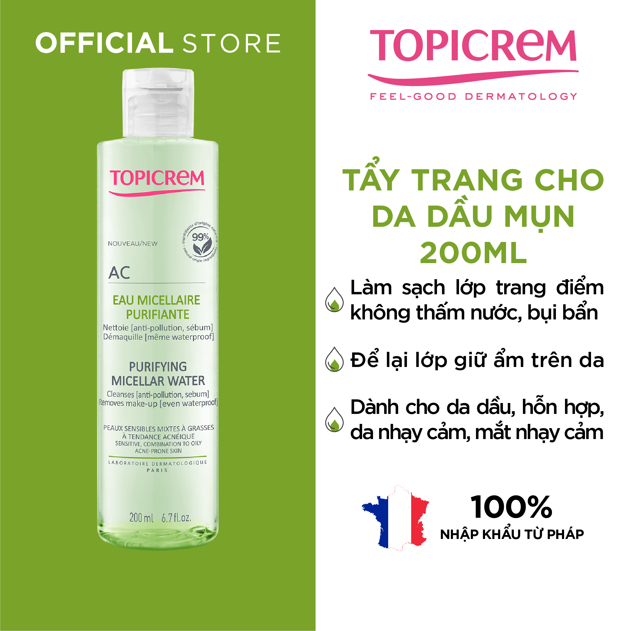 Nước tẩy trang dành cho da dầu mụn TOPICREM AC PURIFYING MICELLAR WATER 200ml