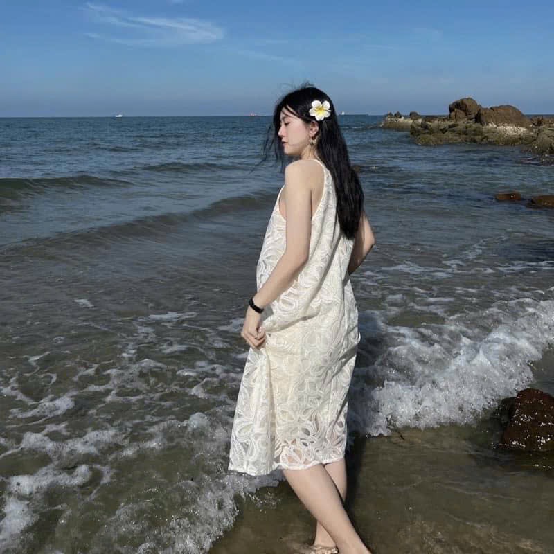 Váy maxi ren hoa cổ yếm cao cấp
