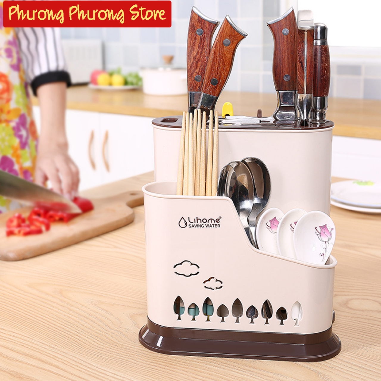 Giá Kệ Đựng Đũa Thìa Có Móc Treo Kèm Khay Cắm Dao Kéo Nhựa VN - Tặng 1 móc dán tường to