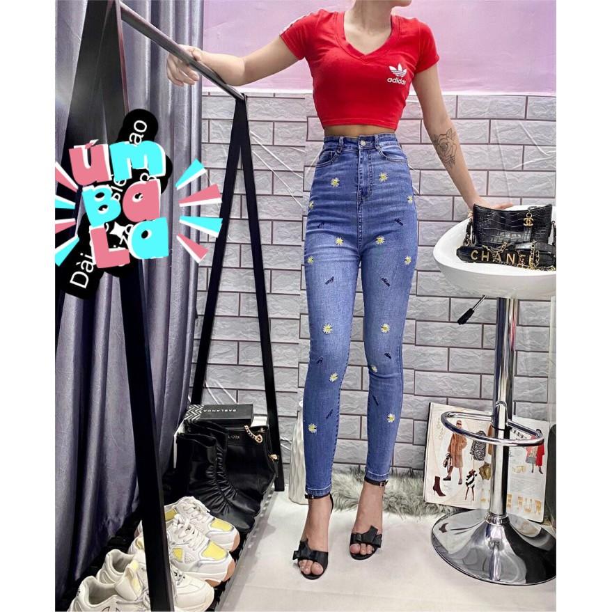 Quần jean nữ dài, mẫu thêu hoa cúc nhí ,ôm body , lưng cao, lên dáng cực xinh