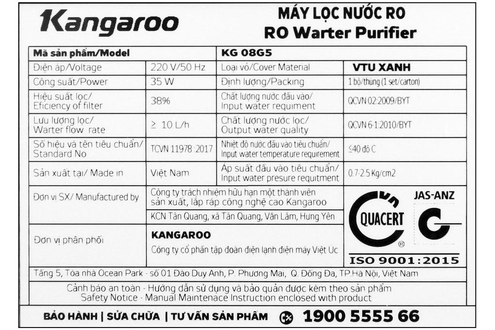 Máy lọc nước RO Kangaroo KG08G5VTU 8 lõi - Hàng chính hãng - Giao toàn quốc