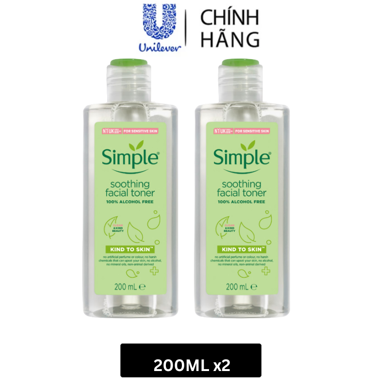 Combo 2 Nước hoa hồng Simple Toner làm dịu và cân bằng độ ẩm cho da - lành tính không chứa cồn 200ml x 2