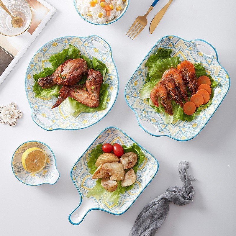 Bộ Bát Đĩa Thương Hiệu GosuTráng Men Cao Cấp Họa Tiết Thổ Cẩm Ấn Xanh Bắt Mắt, Chịu Nhiệt Cao