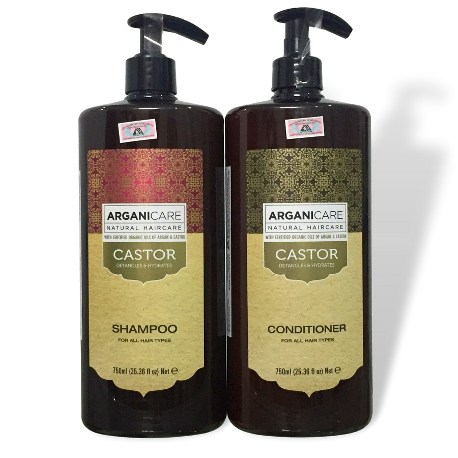 Bộ gội xả dưỡng ẩm phục hồi ngăn ngừa rụng tóc Arganicare Castor shampoo &amp; conditioner for all hair types 750ml