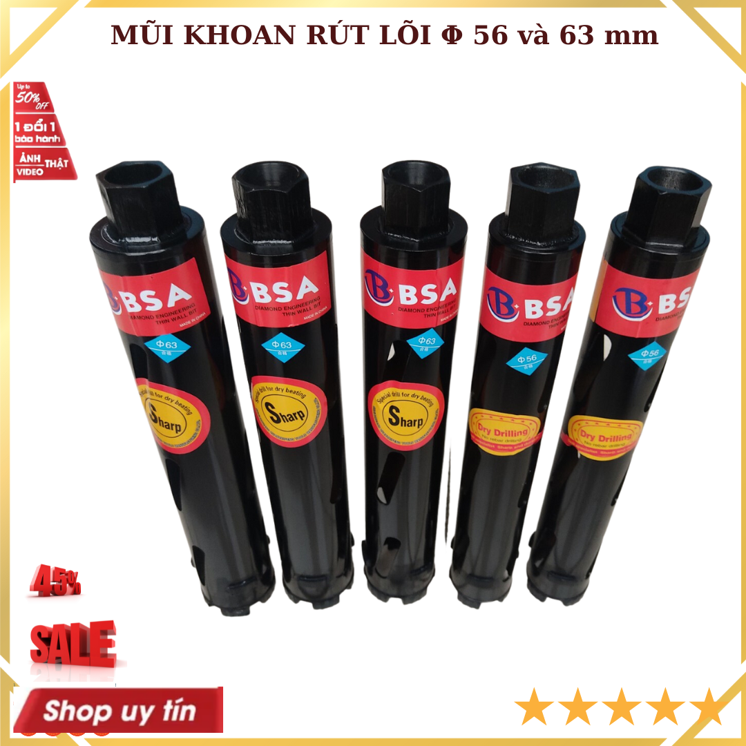 Mũi khoan rút lõi có gờ chống kẹt Φ 56 và 63 mm BSA lõi kim cương nhân tạo nhập khẩu cao cấp giá 1 chiếc
